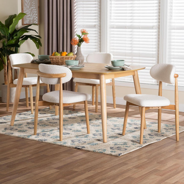 Baxton Studio Baxton Studio Emily 5-Piece Dining Set - Chic Mid-Century Modern Table & Boucle Chairs, Natural Style Emily-White Boucle/Natural-5PC Dining Set