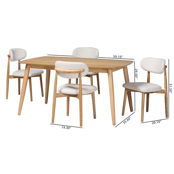 Baxton Studio Baxton Studio Emily 5-Piece Dining Set - Chic Mid-Century Modern Table & Boucle Chairs, Natural Style Emily-White Boucle/Natural-5PC Dining Set