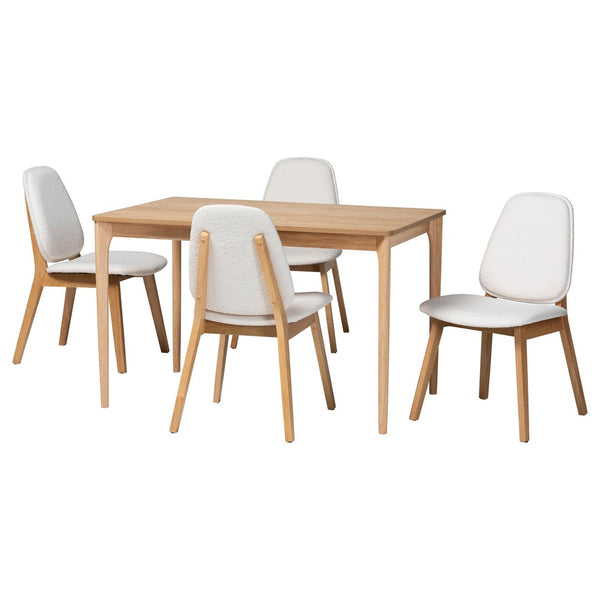 Baxton Studio Baxton Studio Hudson 5-Piece Dining Set - Chic Mid-Century Modern Design with Boucle Chairs for Cozy Spaces Hudson-White Boucle/Natural-5PC Dining Set
