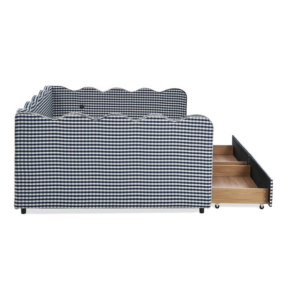 English Elm Queen Gingham Linen Daybed with Wave Backrest Two Storage Drawers and Usb Port Navy Blue W1413S00152