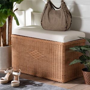 Baxton Studio bali Eamon Braided Rattan Storage Bench with Cushion - Coastal Boho Lift-Top for Home Organization WS133-Brown Rattan-Cushioned Storage Bench