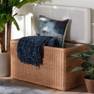 Baxton Studio bali Eamon Braided Rattan Storage Bench with Cushion - Coastal Boho Lift-Top for Home Organization WS133-Brown Rattan-Cushioned Storage Bench