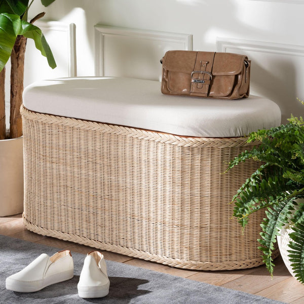 Baxton Studio bali Barid Braided Rattan Storage Bench with Lift-Top Cushion - Coastal Boho Charm for Home Decor WS134-Natural Rattan-Cushioned Storage Bench