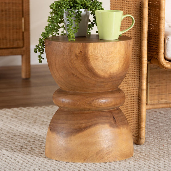 Baxton Studio bali Bali Bancroft Handcrafted Solid Suar Wood Side Table - Unique Hourglass Design for Modern Boho Rooms Suar S/T 002-Natural-Side Table