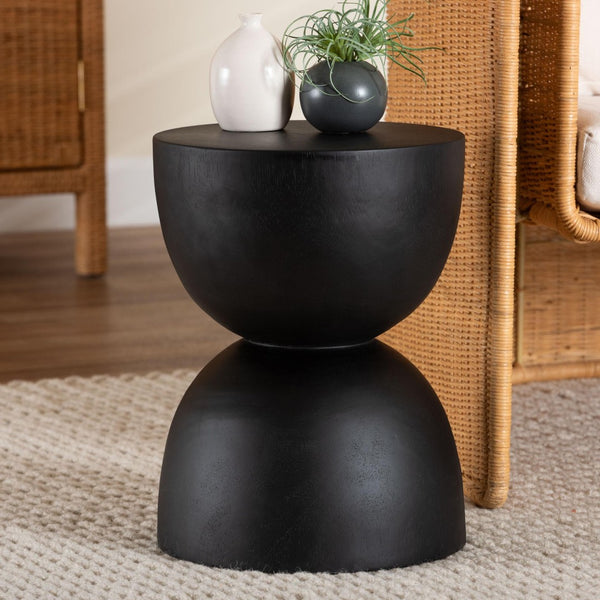 Baxton Studio bali Nomiki Solid Suar Wood Side Table - Hand-Carved Hourglass Accent for Modern Boho Interiors Suar S/T 003-Black-Side Table