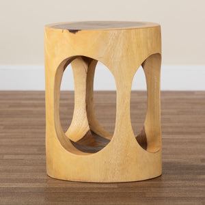 Baxton Studio bali Kaseko Hand-Carved Suar Wood Side Table – Unique Openwork Barrel Design for Modern Boho Homes Suar S/T 009-Natural-Side Table