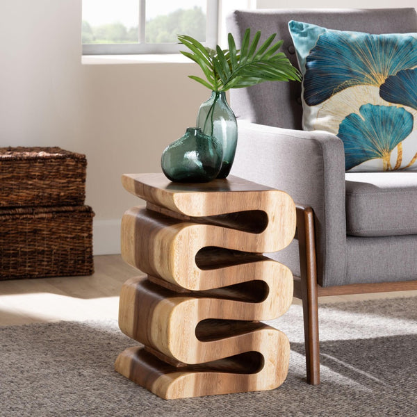 Baxton Studio bali Bali Eliada Hand-Carved Suar Wood Side Table - Unique Wavy Accent Table for Modern Boho Interiors Suar S/T 010-Natural-Side Table