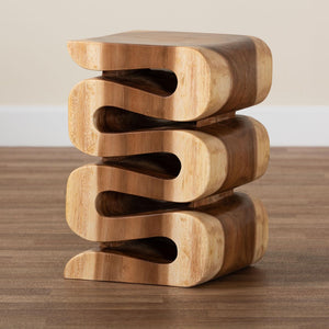 Baxton Studio bali Bali Eliada Hand-Carved Suar Wood Side Table - Unique Wavy Accent Table for Modern Boho Interiors Suar S/T 010-Natural-Side Table