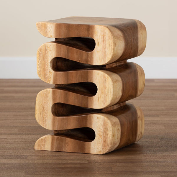 Baxton Studio bali Bali Eliada Hand-Carved Suar Wood Side Table - Unique Wavy Accent Table for Modern Boho Interiors Suar S/T 010-Natural-Side Table