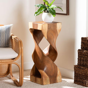 Baxton Studio bali Suar Wood Twist Accent Table – Hand-Carved Modern Boho Pedestal for Living Room & Entryway Decor Suar S/T 012-Natural-Side Table