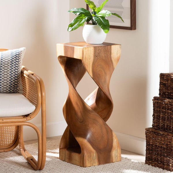 Baxton Studio bali Suar Wood Twist Accent Table – Hand-Carved Modern Boho Pedestal for Living Room & Entryway Decor Suar S/T 012-Natural-Side Table