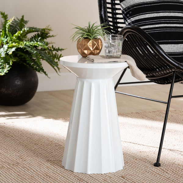 Baxton Studio Baxton Studio Ulmer Metal Scalloped Round Accent Table - Modern Elegance for Indoor and Outdoor Use White H01-123220A-White/Metal-Side Table