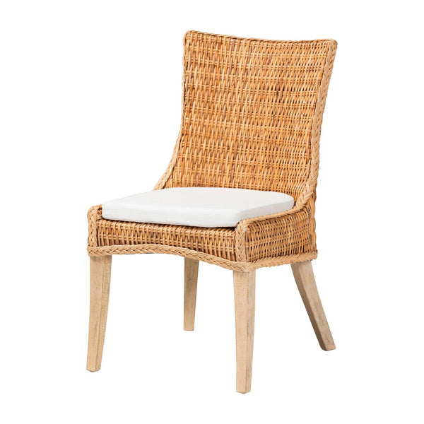 Baxton Studio bali Derris Natural Rattan Dining Chair - Boho Wingback Side Chair with Cushion & Solid Mango Legs MD-39817-LC Derris-Natural Rattan-DC