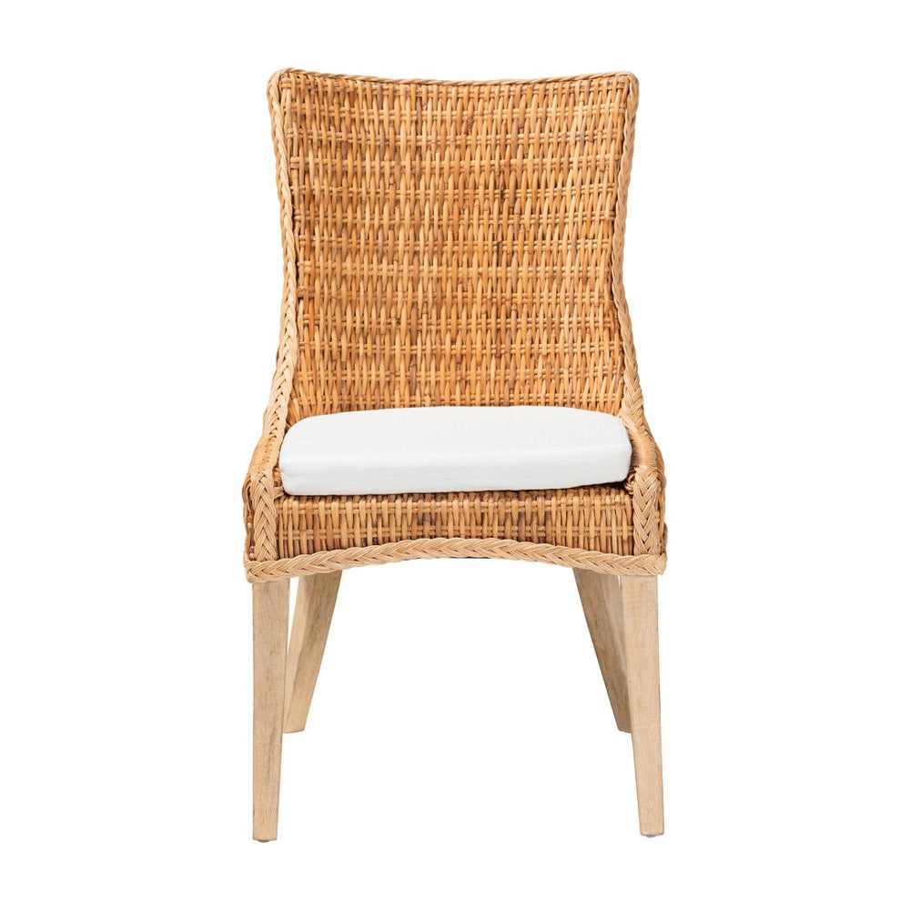Baxton Studio bali Derris Natural Rattan Dining Chair - Boho Wingback Side Chair with Cushion & Solid Mango Legs MD-39817-LC Derris-Natural Rattan-DC