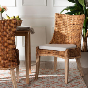 Baxton Studio bali Derris Natural Rattan Dining Chair - Boho Wingback Side Chair with Cushion & Solid Mango Legs MD-39817-LC Derris-Natural Rattan-DC