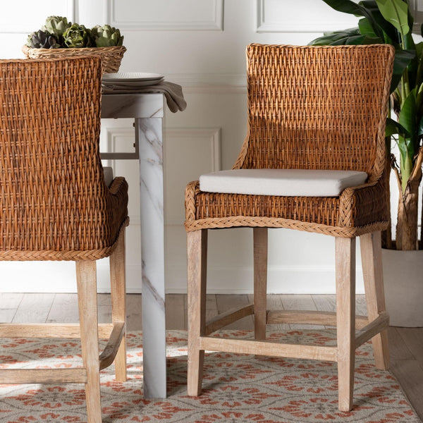Baxton Studio bali Derris Natural Rattan Counter Stool - Tall Wingback Design with Mango Wood Legs, Boho Chic Style MD-39818-LC Derris-Natural Rattan-CS