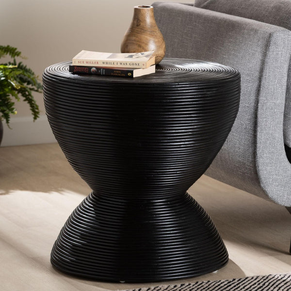 Baxton Studio bali Tokyo Laminated Rattan Side Table - Handcrafted Hourglass Accent Table for Modern Boho Spaces Black Tokyo-Black Rattan-Side Table