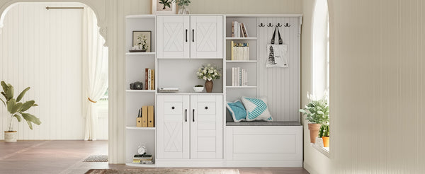 English Elm Multifunctional Modular Hall Tree Cabinet with Open Shelves and Hooks for Entryway White W1580S00519