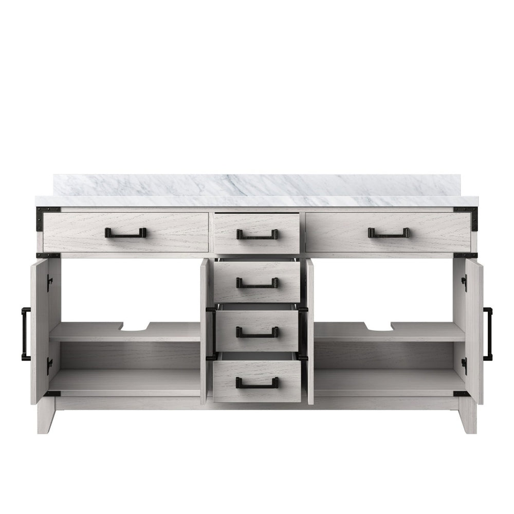 English Elm White Oak Double Bath Vanity 60" W X 22" D With Polished Carrara Marble Top & Ample Storage Solutions B2731P259866-GIGA