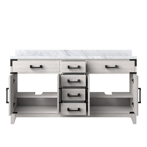 English Elm White Oak Double Bath Vanity 60" W X 22" D With Polished Carrara Marble Top & Ample Storage Solutions B2731P259866-GIGA