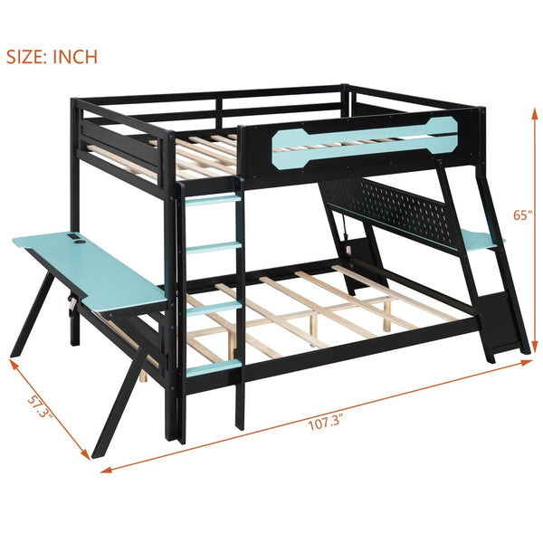 English Elm Full Size Gaming Bunk Bed with Dual Desks Usb Charging Ports and Pegboard Storage Blue LT000274AAC