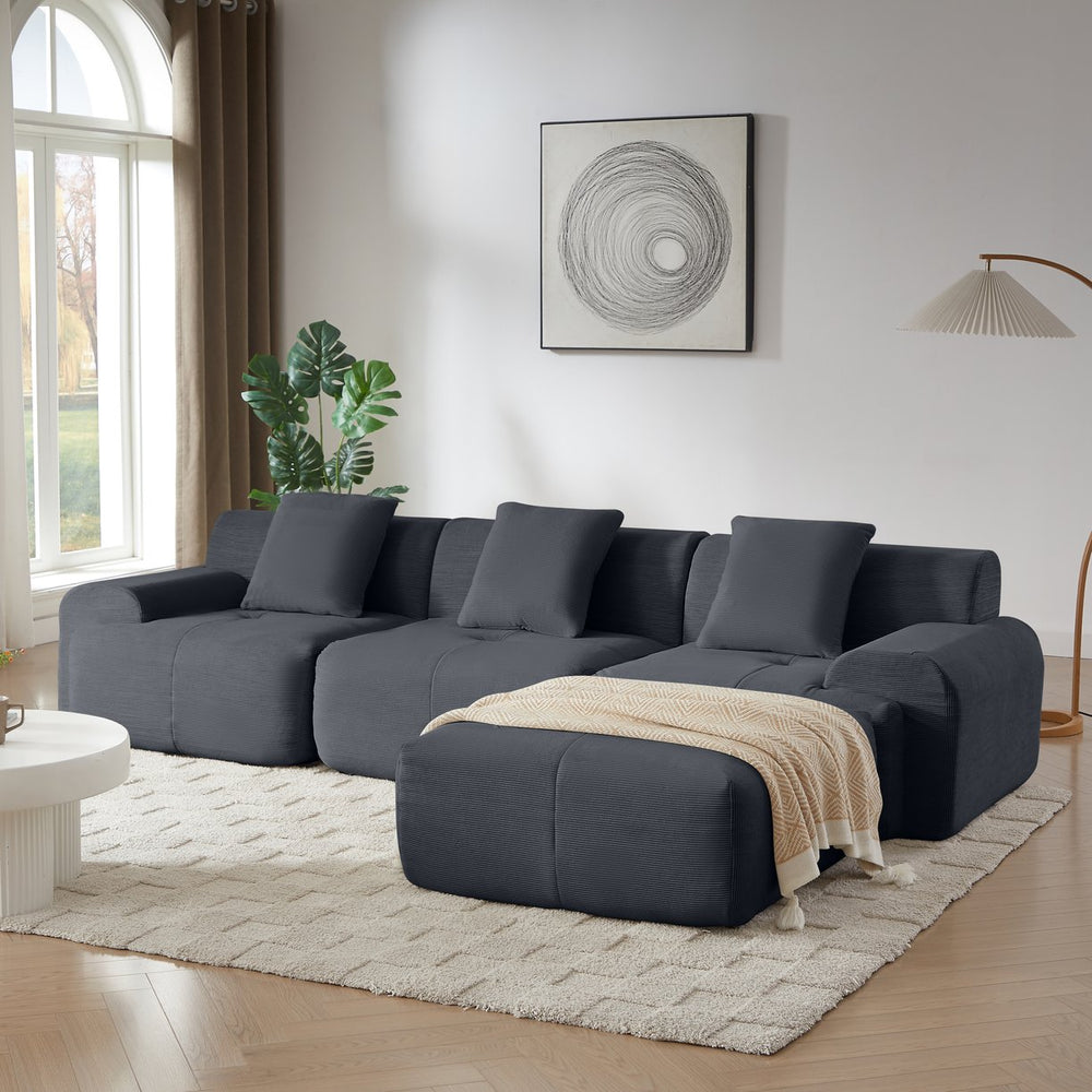 English Elm 113" Modular L-Shaped Sectional Sofa with Corduroy Upholstery, Deep Seats, Wide Arms, Ottoman Included Dark Gray W1359S00024