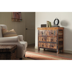 English Elm Lynden Reclaimed Wood Accent Cabinet with 4 Drawers, Rustic Acacia & Teak Finish, Ornate Metal Pulls B062P353466