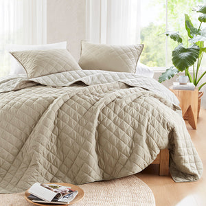 JLA Home Madison Park - 7 Piece Stripe Comforter and Quilt Set – Coastal-Boho Full/Queen Bedding, Microfiber, All-Season Layered Style Taupe MP10-8488
