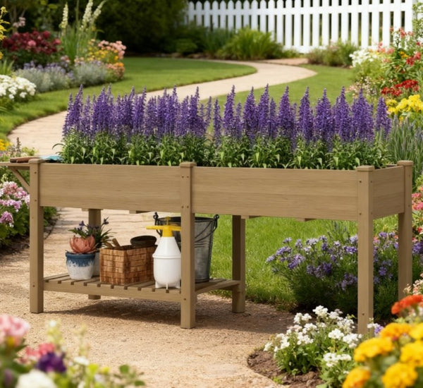 English Elm Elevated Fir Wood Raised Planter with Foldable Side Table and Bottom Storage Shelf T3971P423100