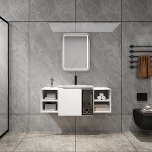 English Elm 48" Floating Bathroom Vanity with Ceramic Sink Soft Close Doors and Grey Glass Panel W999S00529