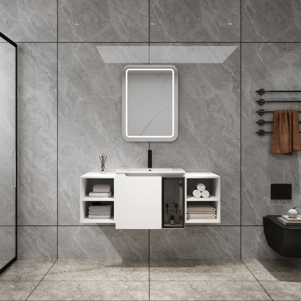 English Elm 48" Floating Bathroom Vanity with Ceramic Sink Soft Close Doors and Grey Glass Panel W999S00529