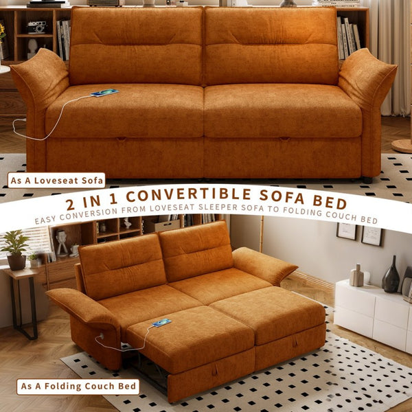 English Elm This Fleece Convertible Sleeper Sofa Unfolds Into a Full Bed for Guest Rooms Orange W3820S00039