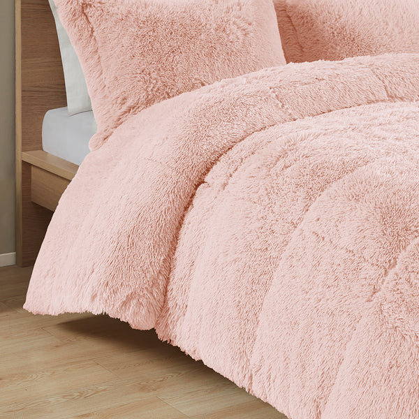 JLA Home Intelligent Design - Shaggy Plush Faux Fur Comforter Set with High-Pile Texture and Soft Reversible Plush Backing for Cozy Bedrooms Blush ID10-1823