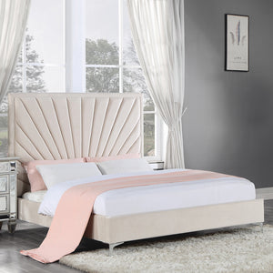 English Elm Modern Queen Bed Beige Velvet Platform with Sunburst Channel Tufted Headboard, Metal Feet & Slats B2741S00708