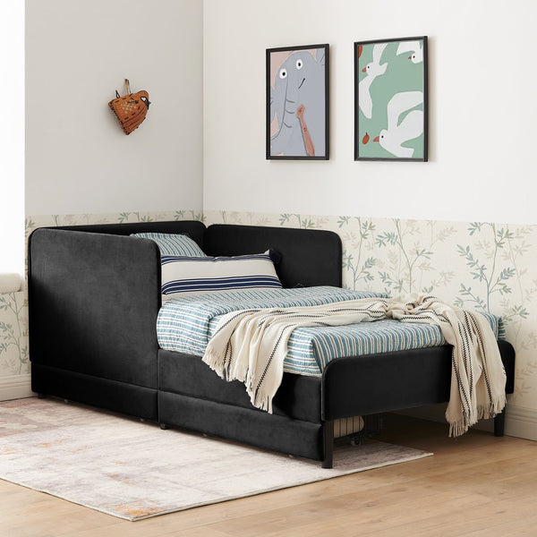 English Elm Twin Velvet Upholstered Platform Bed with 2 Underbed Drawers, Adjustable Sofa Bed, Modern Black Design W1413P298910