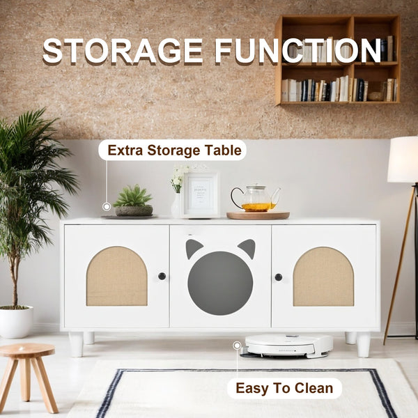 English Elm Modern Wood Cat Cabinet with Sisal Scratcher, Magnetic Litter Box Enclosure with Storage & Hooks, Cream White N843P252373C