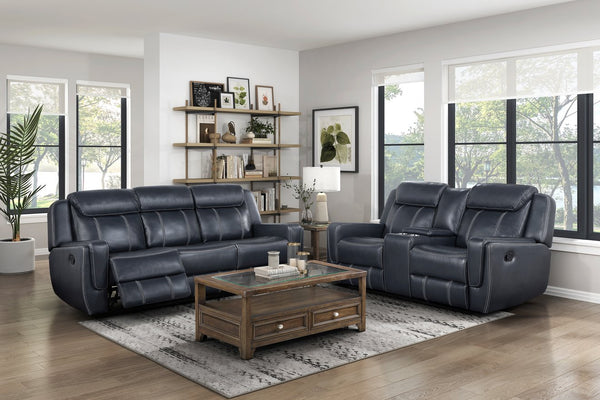 English Elm Modern Littleton 2pc Blue Reclining Sofa & Loveseat Set with USB Ports, Cupholders, Storage, Power B011S01262