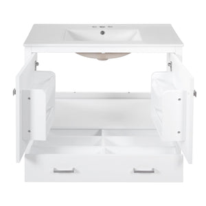 English Elm 36" White Bathroom Vanity with Ceramic Sink, Soft-Close Doors, Divided Drawer & Double Shelves for Organized Modern Bathrooms N729P276609K