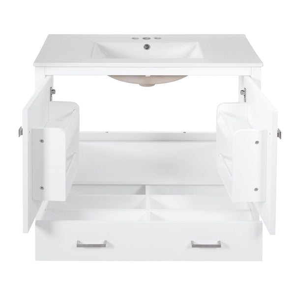 English Elm 36" White Bathroom Vanity with Ceramic Sink, Soft-Close Doors, Divided Drawer & Double Shelves for Organized Modern Bathrooms N729P276609K