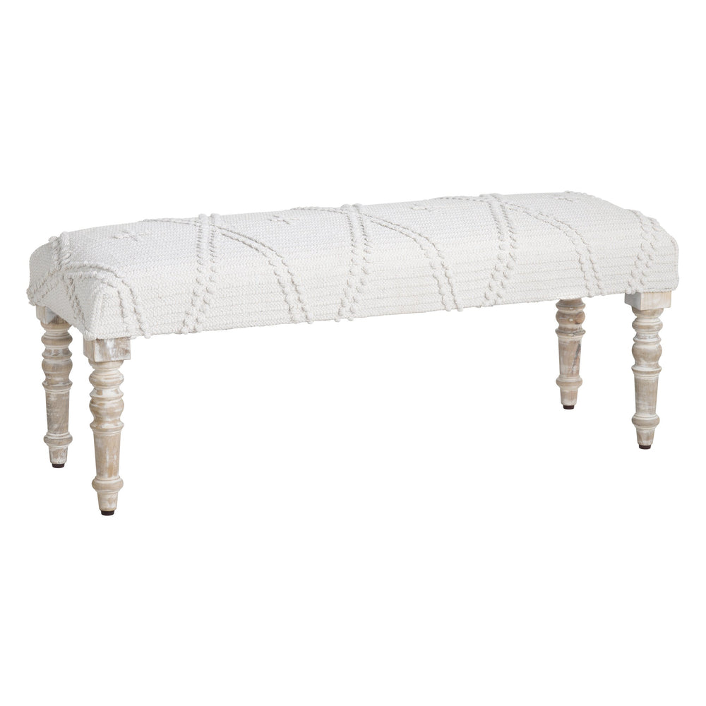 Crestview Collection Traditional Upholstered Accent Bench - Creamy White Cotton, Tufted Pattern, Rustic Mango Wood Legs White Solid Wood Cvfnr4233