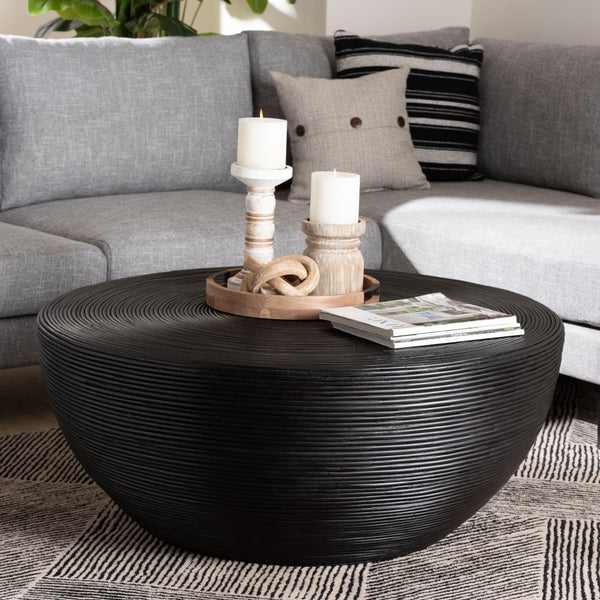 Baxton Studio bali Tokyo Handcrafted Rattan Coffee Table - Coastal Boho Drum Design for Living Room Style & Charm Tokyo-Black Rattan-Coffee Table