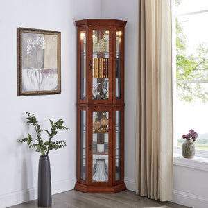 English Elm Corner Curio Cabinet Lighted Display with Mirrored Back, Adjustable Tempered Glass Shelves, Walnut W1693111239