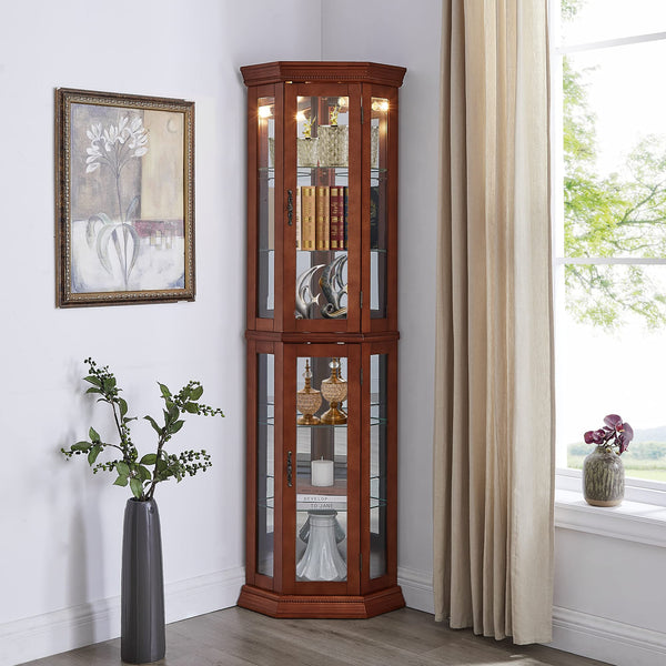 English Elm Corner Curio Cabinet Lighted Display with Mirrored Back, Adjustable Tempered Glass Shelves, Walnut W1693111239