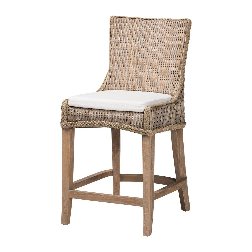 Baxton Studio bali Derris Natural Rattan Wingback Counter Stool with Cushion - Boho Coastal Style Seating, Greywashed MD-39818-KB Derris-Grey Natural Rattan-CS