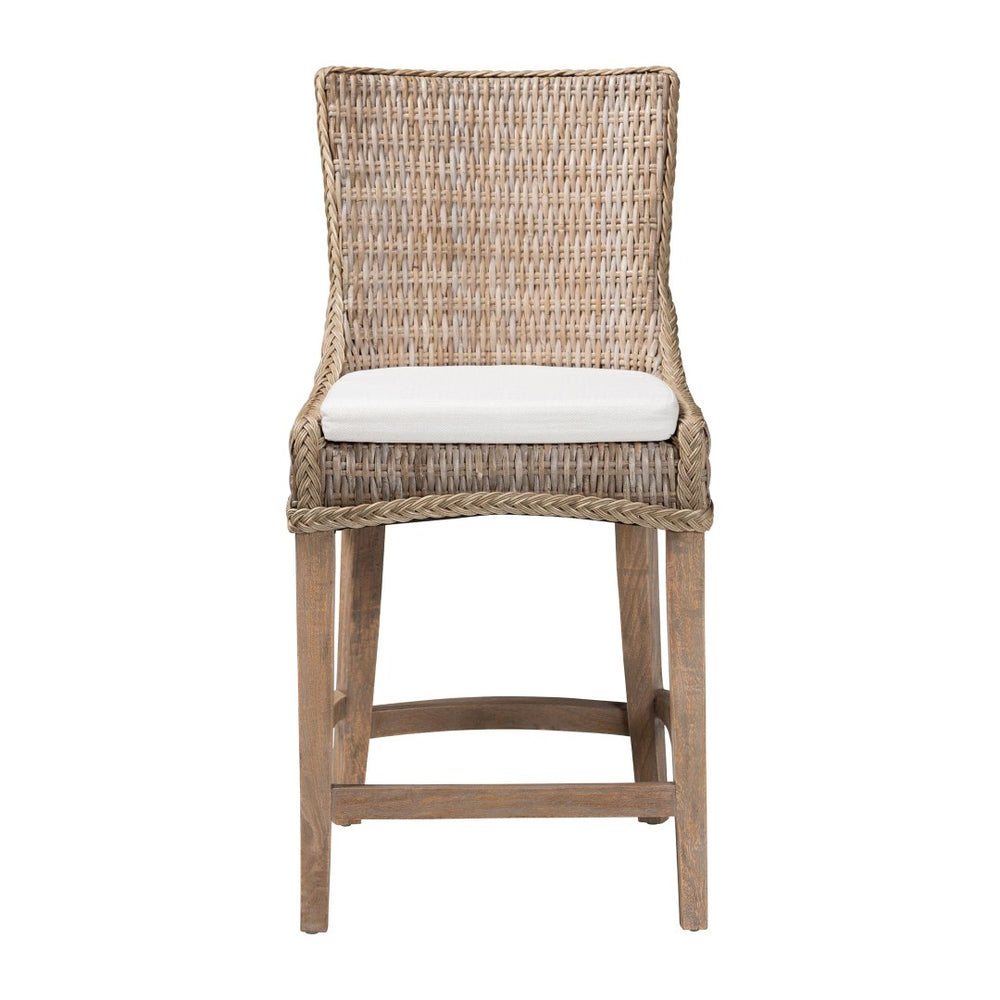 Baxton Studio bali Derris Natural Rattan Wingback Counter Stool with Cushion - Boho Coastal Style Seating, Greywashed MD-39818-KB Derris-Grey Natural Rattan-CS