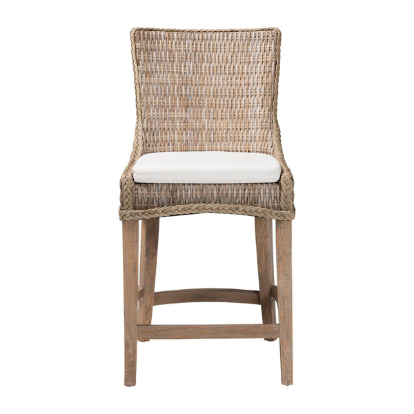 Baxton Studio bali Derris Natural Rattan Wingback Counter Stool with Cushion - Boho Coastal Style Seating, Greywashed MD-39818-KB Derris-Grey Natural Rattan-CS