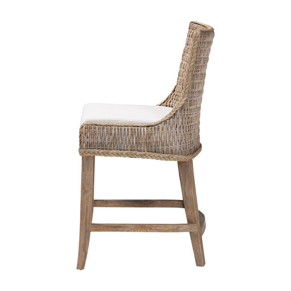 Baxton Studio bali Derris Natural Rattan Wingback Counter Stool with Cushion - Boho Coastal Style Seating, Greywashed MD-39818-KB Derris-Grey Natural Rattan-CS