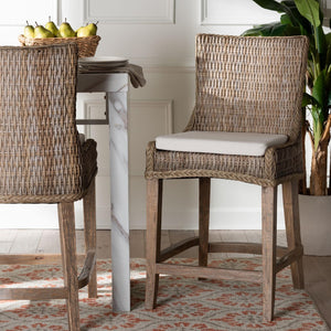 Baxton Studio bali Derris Natural Rattan Wingback Counter Stool with Cushion - Boho Coastal Style Seating, Greywashed MD-39818-KB Derris-Grey Natural Rattan-CS