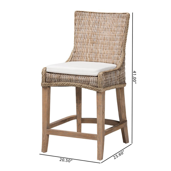 Baxton Studio bali Derris Natural Rattan Wingback Counter Stool with Cushion - Boho Coastal Style Seating, Greywashed MD-39818-KB Derris-Grey Natural Rattan-CS