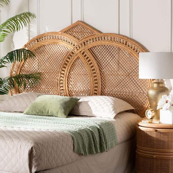 Baxton Studio bali Nerita Rattan Headboard - Handwoven Coastal Panel, Lightweight Double Circle Design for Queen Beds Amelia-Light Honey Rattan-HB-Queen
